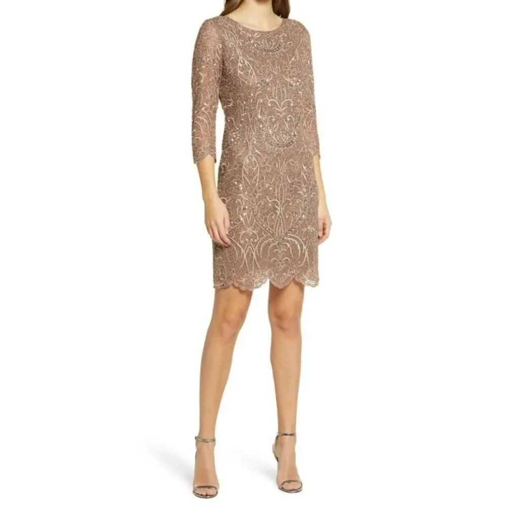 Pisarro Nights Sheath Dress Beaded Sequin Embroidered Cocktail Tan Size 10 $218